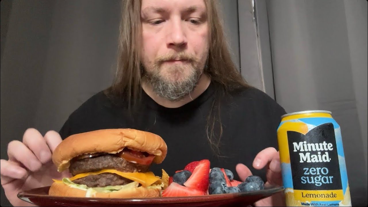 ASMR Double Cheeseburger, Doritos, and Fresh Fruit EATING SOUNDS, WHISPERS RAMBLE, MUKBANG