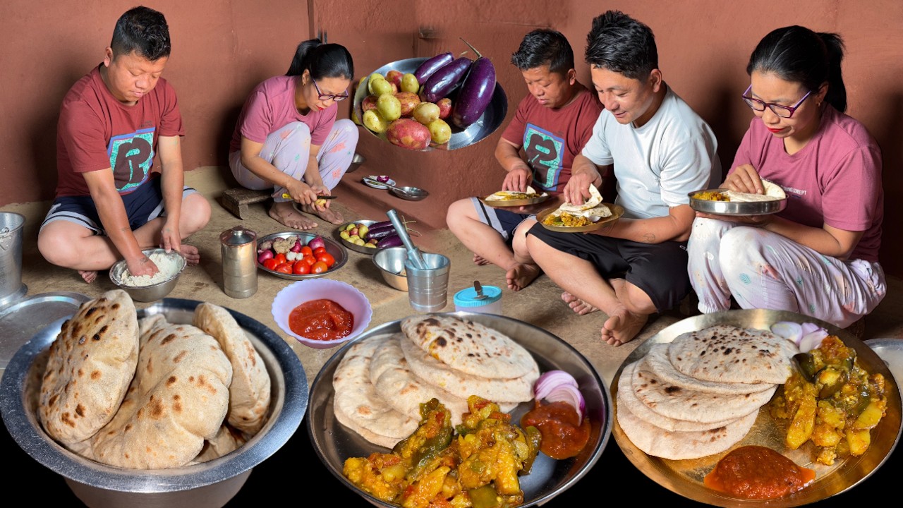 Delicious Lunch Recipe : Roti with Aloo Brinjal Recipe Village Style Food Cooking and Eating