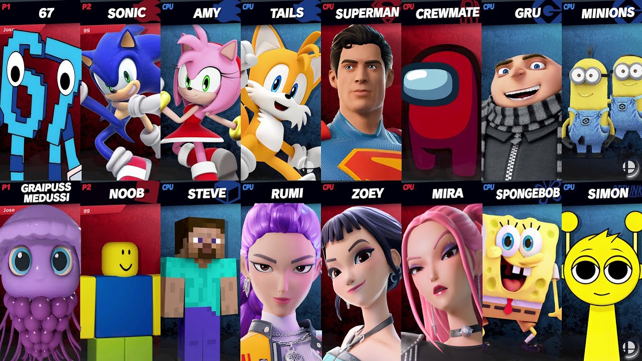 Sonic vs KPop Demon Hunters vs 67 vs Roblox vs Minecraft vs Brainrot | Super Smash Bros Ultimate