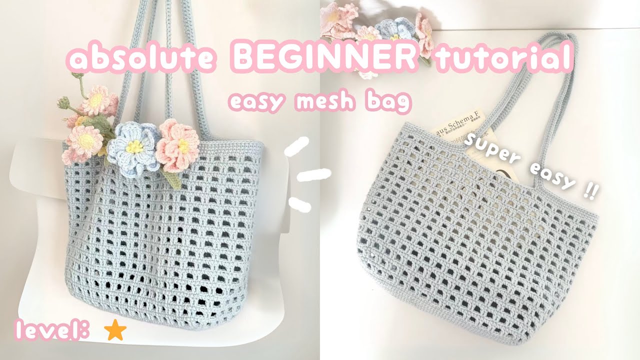 crochet mesh tote bag for ABSOLUTE BEGINNER | crochet easy net shoulder bag, crochet market bag 