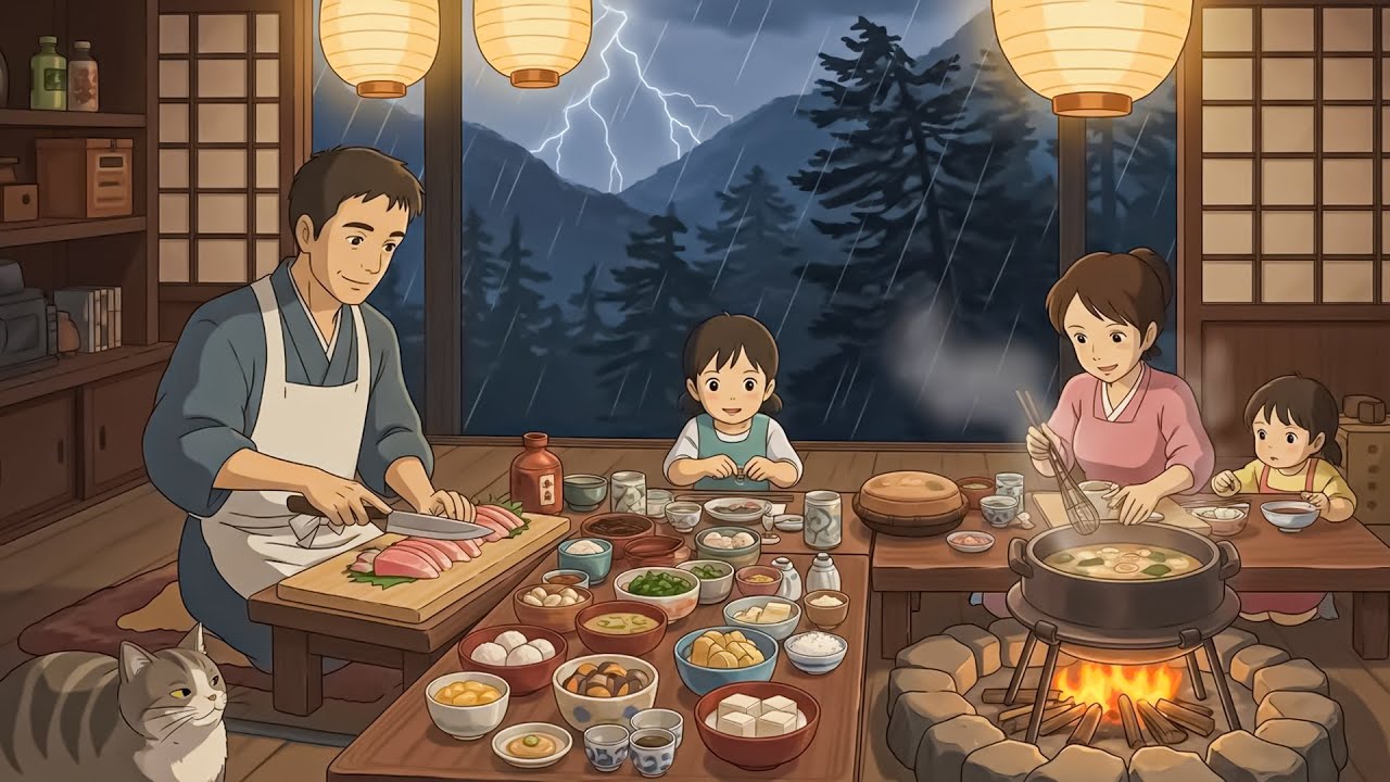 A Warm Mountain Dinner in the Storm — The Sino Family of Four Preparing a Traditional Japanese Meal