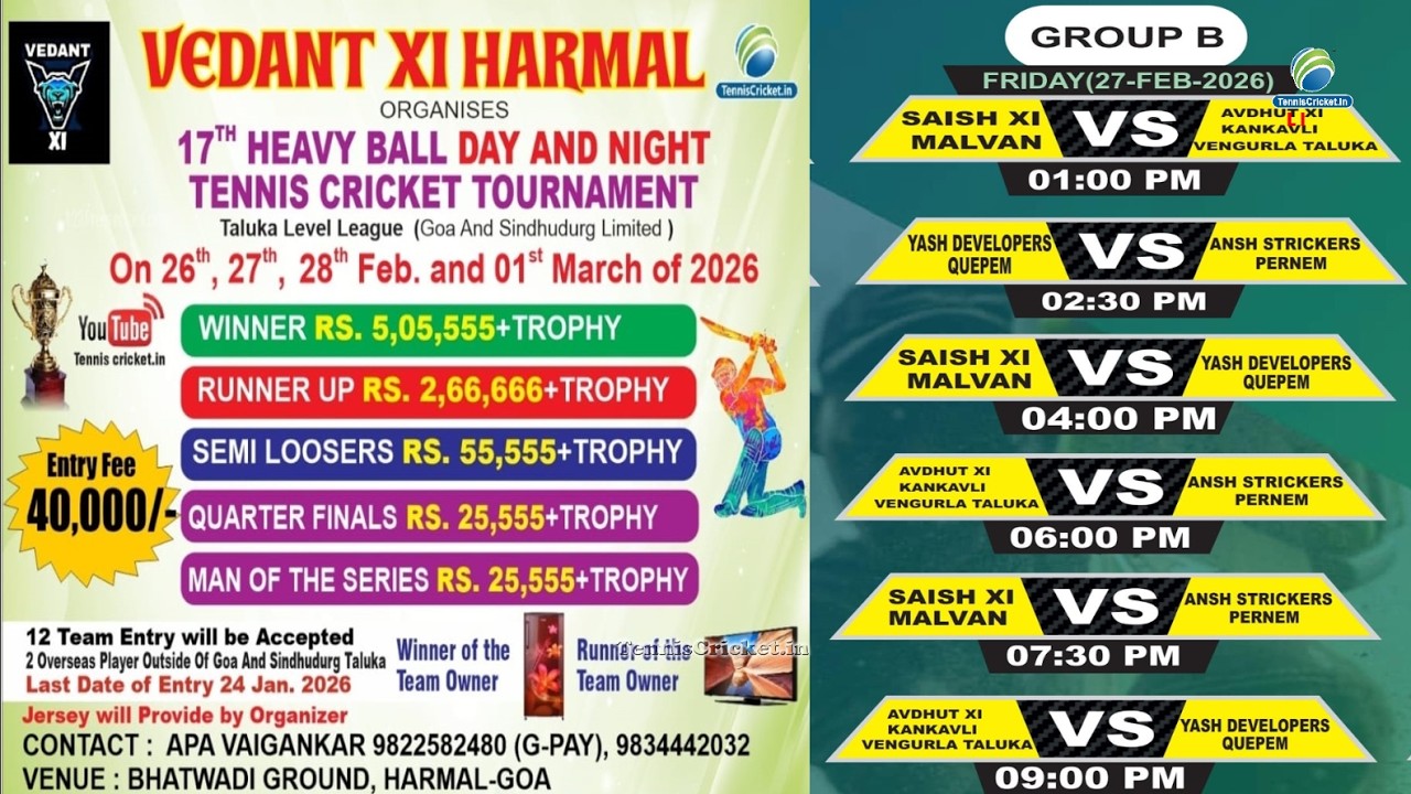 Vedant Xi Harmal Org 17th Heavy Ball Day & Night Tennis Cricket Tournament 2026 || Goa || Day 2