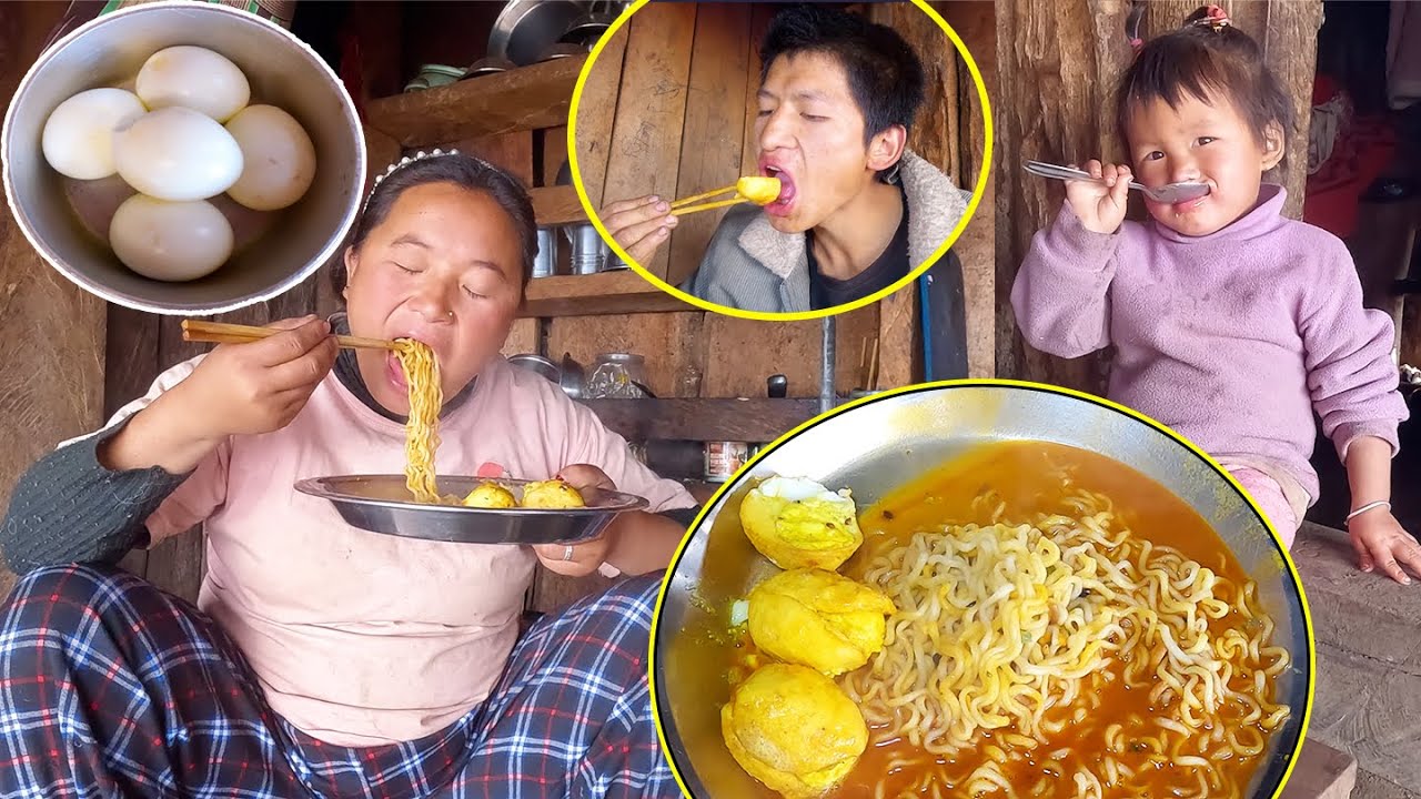 Mom Dad Jonson having egg noodles II Noodles at snacks@pastorallifeofnepal