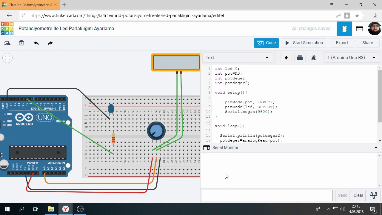 Tinkercad İle Arduino Bölüm 20 : Potansiyometre İle Led'in Parlaklığını Ayarlama