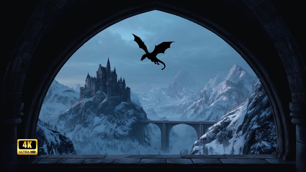 DRAGONFELL | Fantasy Window Ambience ❄️🏰 | Dark Fantasy Music, Snow & 4K Castle View