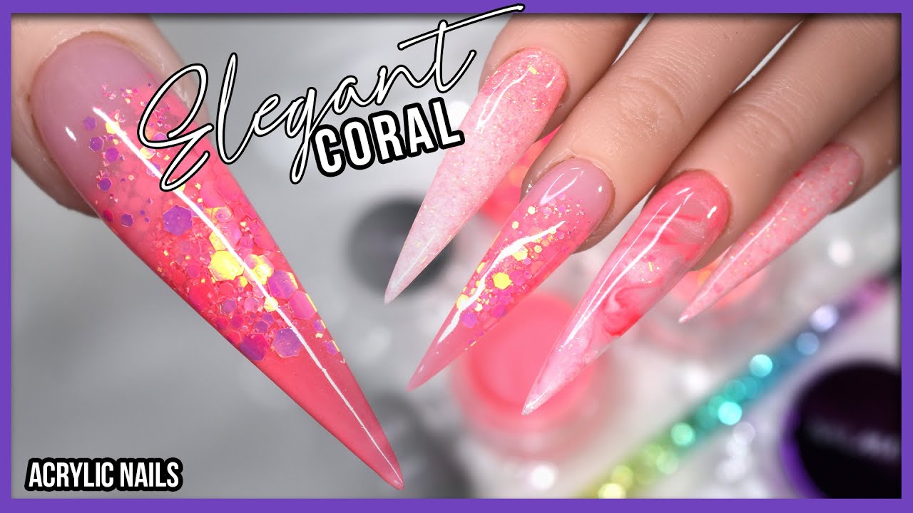DIY LONG Coral Stiletto Acrylic Nails