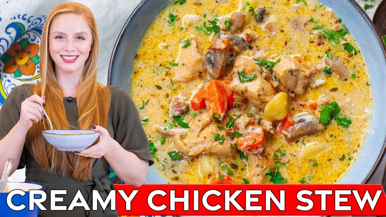 The Best Creamy Chicken Stew with bacon, white wine, & parmesan!