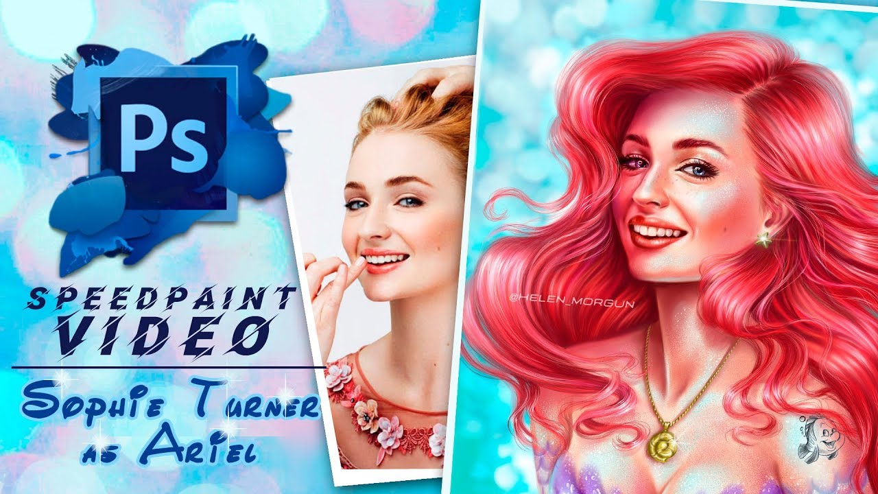 Digital speedpaint - portrait Sophie Turner as Ariel - Disney princess art