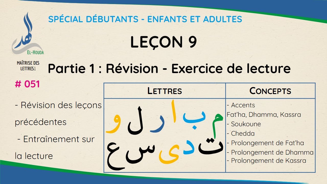 Révision ➡️ Lecture  - Maîtrise des lettres (Leçon 9.1) | Méthode EL-HOUDA [N° 051]