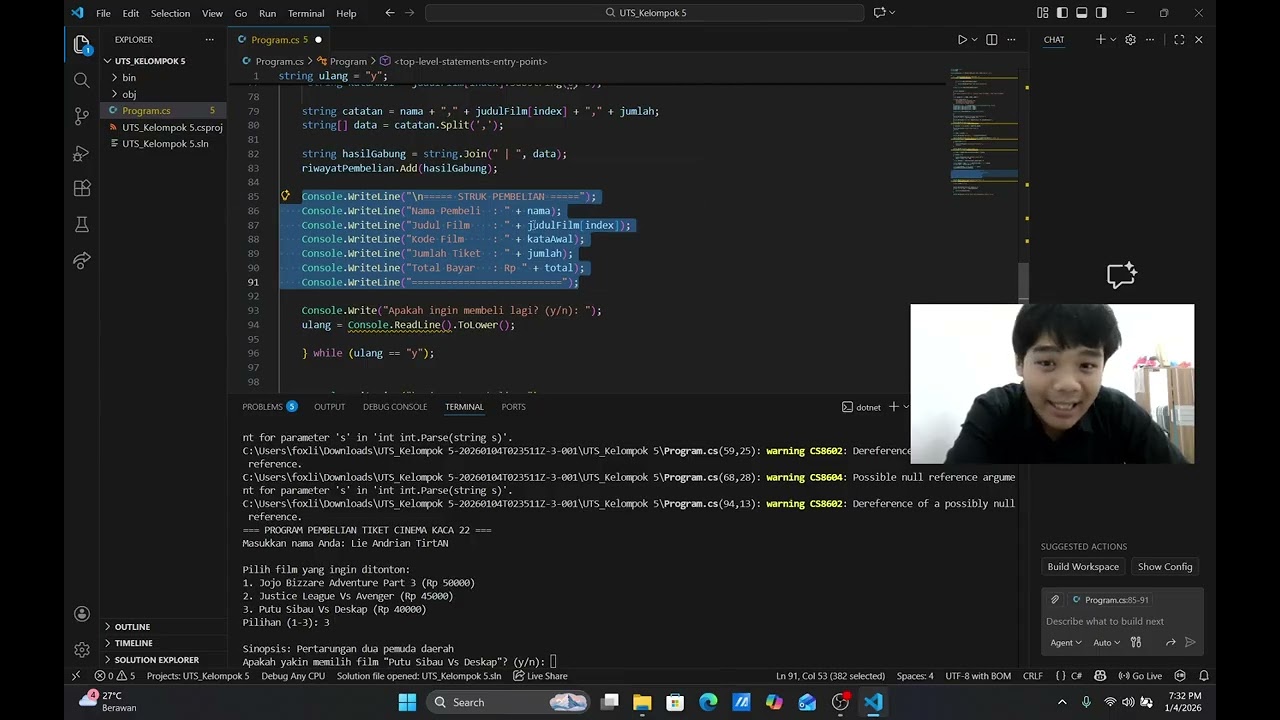 PROGRAM PEMBELIAN TIKET BIOSKOP - VISUAL STUDIO CODE - C#