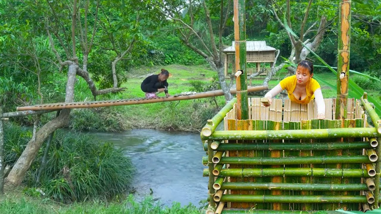 Long Bamboo Bridge Construction Over a River - Step by Step Piers and Deck Build
