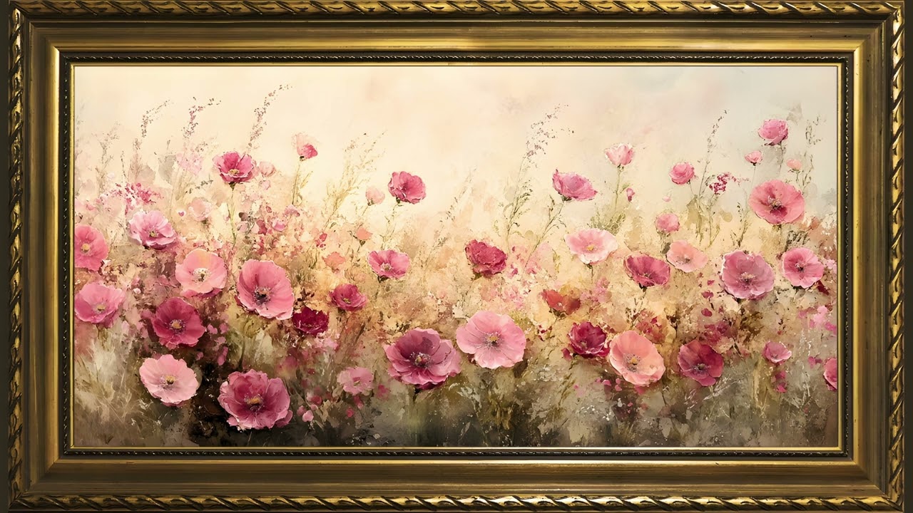 Pink Meadow, Vintage Valentine Oil Painting | Gold Framed Art Screensaver for TV