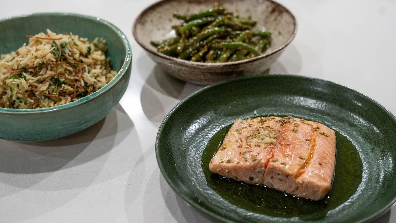 Shane Delia's Salmon with rice pilaf and green beans