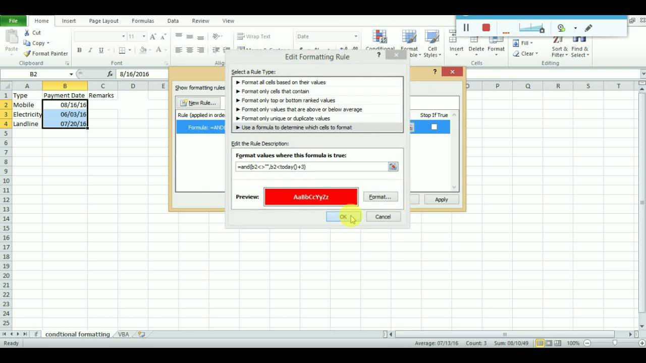How to create notification or reminder in vba or excel