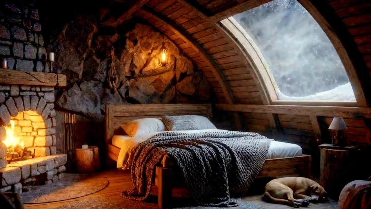 Safe from the Storm 🌨️ Cozy Cave Bedroom Ambience with Fireplace & Wind Sounds