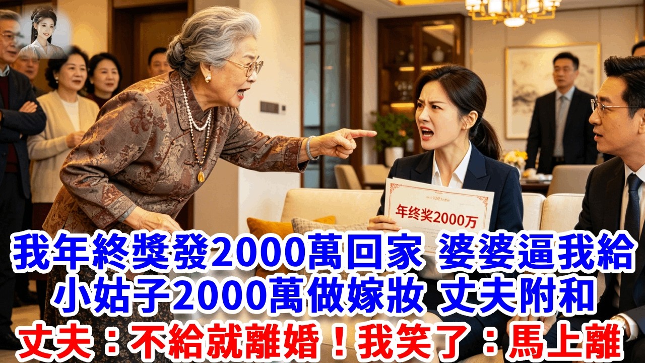 我年終獎發2000萬回家，婆婆逼我給小姑子2000萬做嫁妝，丈夫附和：懂事點！不給就離婚！我笑了：馬上離！#思妤說故事#為人處世#生活經驗#情感故事#晚年哲理#說故事#完結文#原創故事