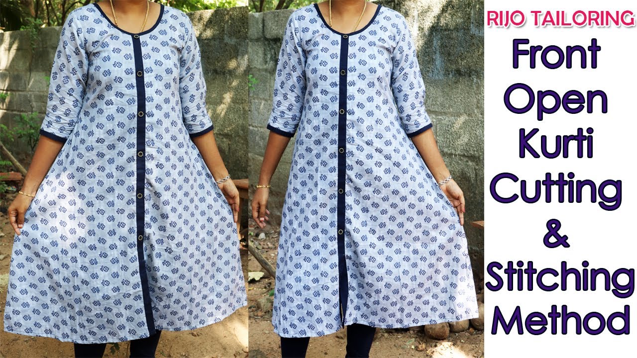 front open kurti cutting and stitching in tamil | a line kurti front open cutting and stitching