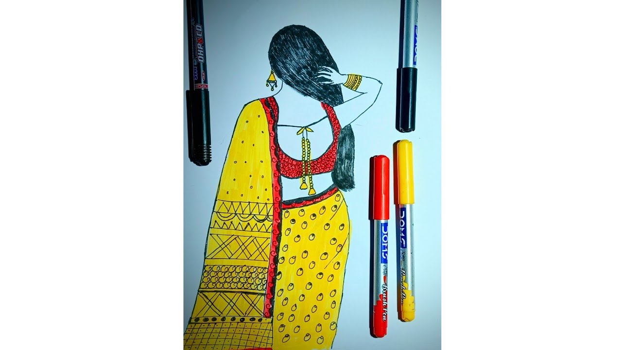 "Beautiful Saree Design Drawing | Creative Art with Sketch Pens | Step-by-Step Tutorial"