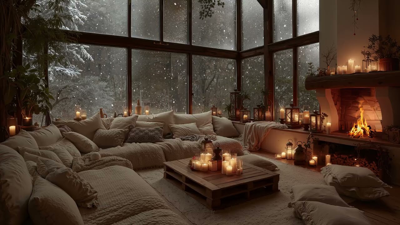 Tranquil Winter Cozy Cabin Ambience ⛄ Fireplace Sounds & Soft Piano for  Relaxation