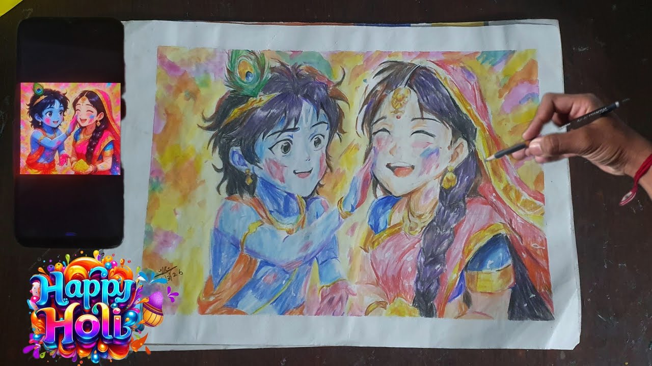 Drawing Radhe Krishna playing Holi 🎨,Holi special, Radhe Krishna art | VIRAT CREATES 