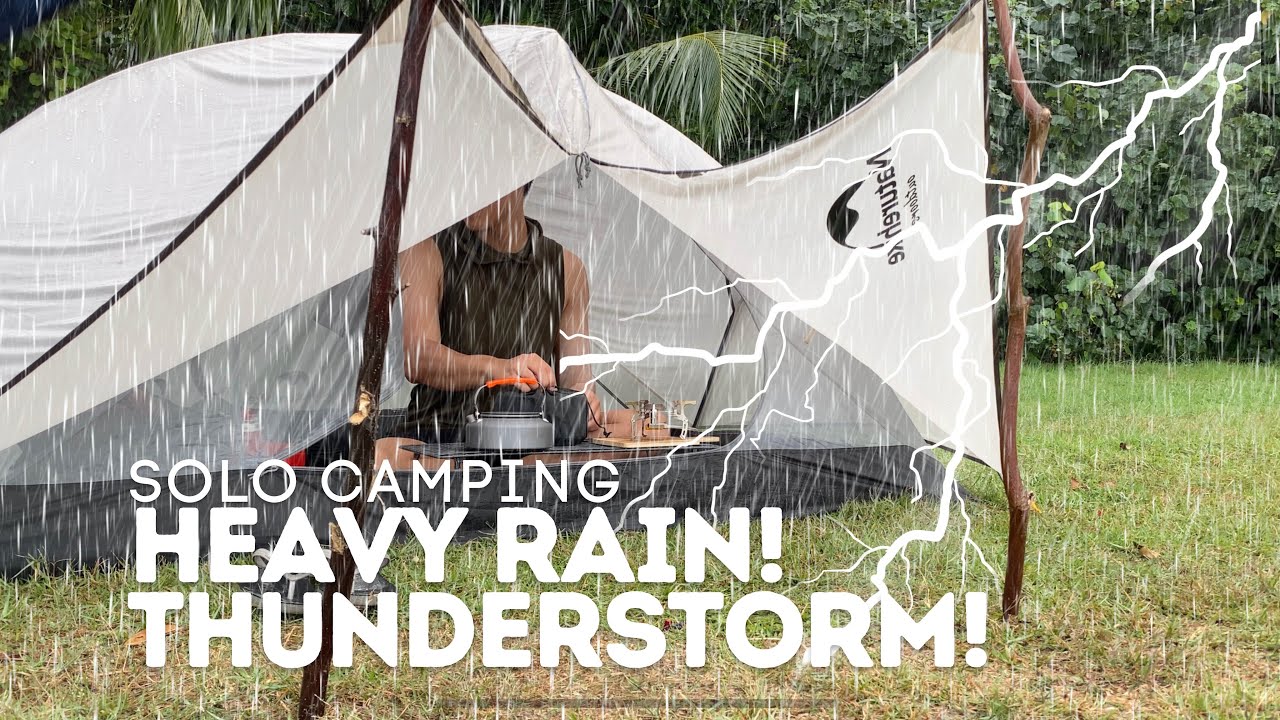 solo CAMPING [ So HEAVY RAIN with Thunderstorm ] Overnight Alone On relaxing rainforest Island ASMR