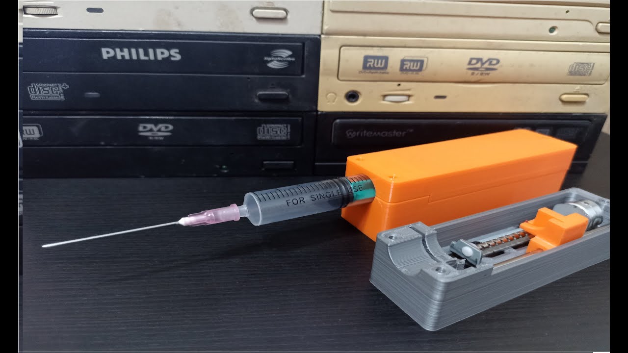 3d printed mini syringe pump with parts from optical drive