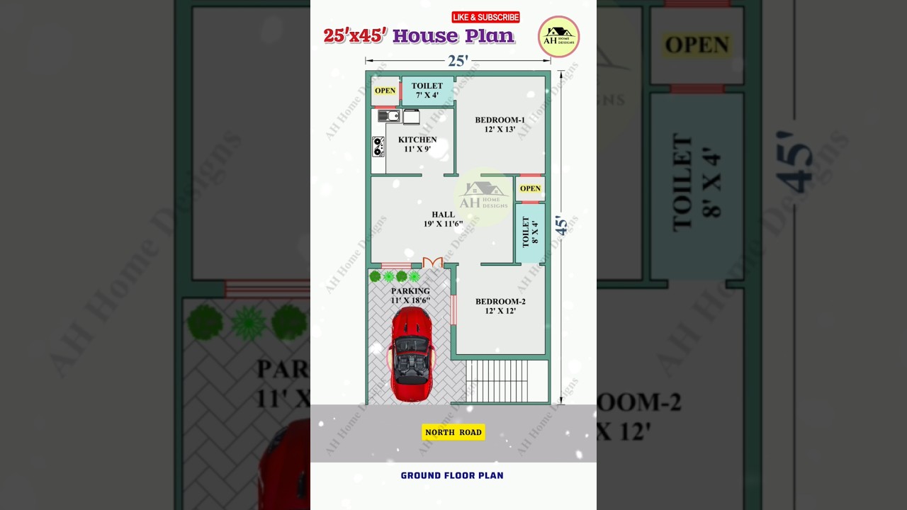 25x45 House Plan with Car Parking, 25*45 2bhk Home Design, 25/45 House Plan, #floorplan #shortsfeed