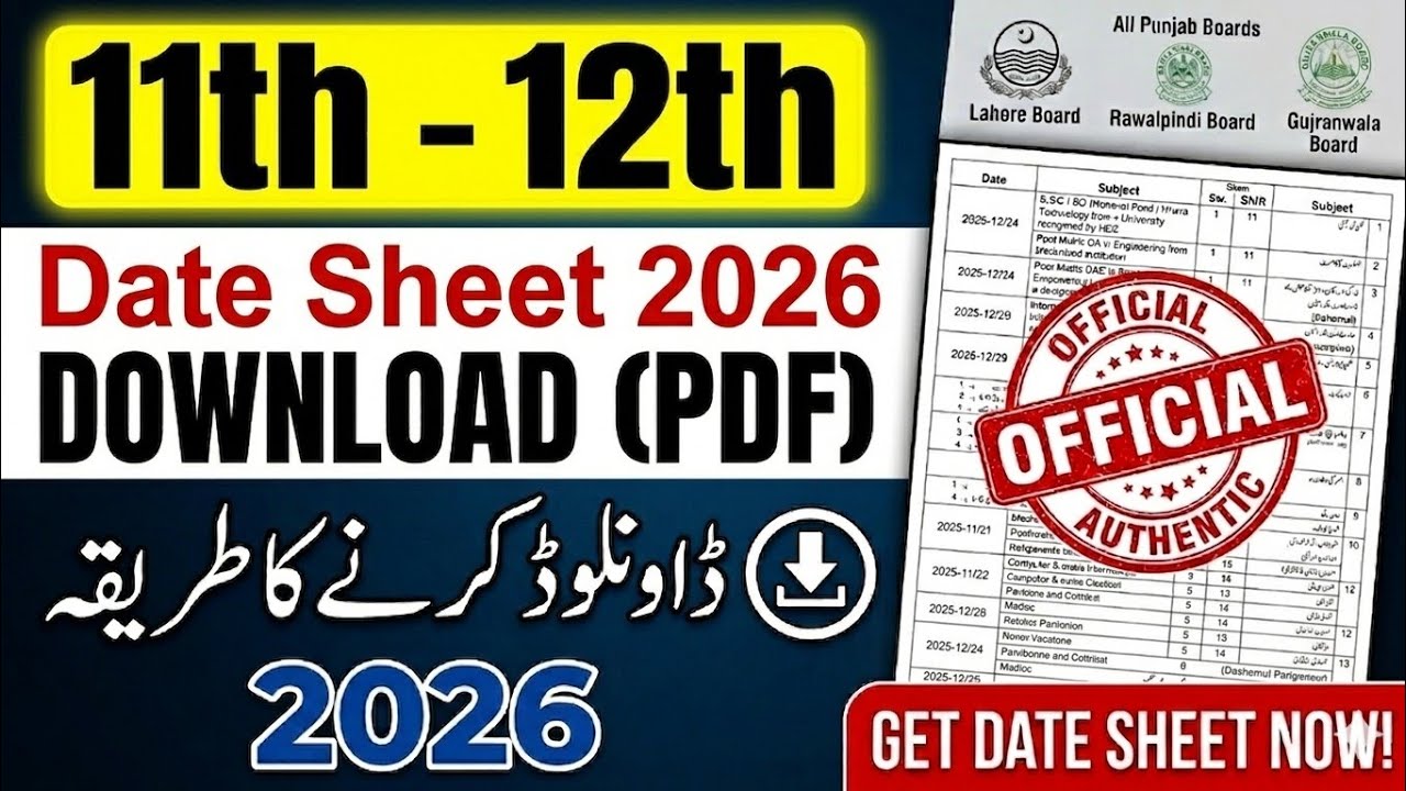 11th and 12th / Inter Class Date Sheet 2026: All Punjab Boards (How to Download) Official Schedule.
