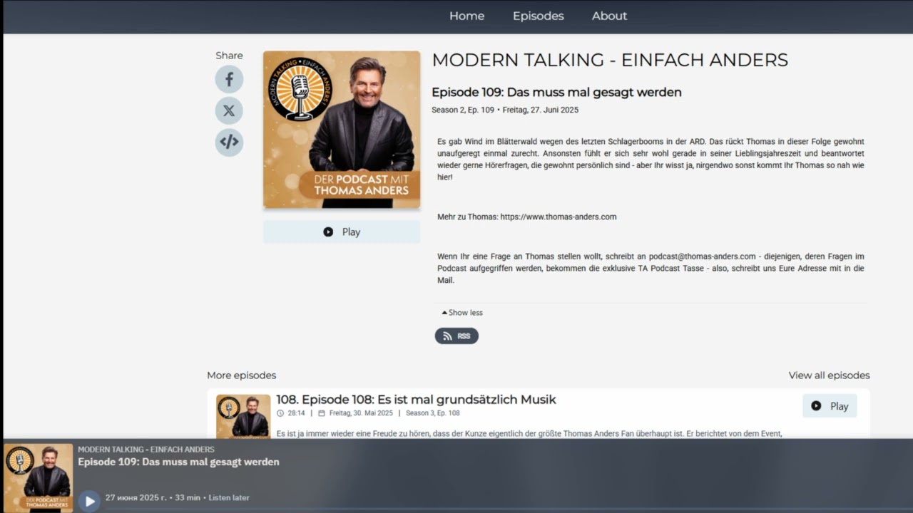 Episode 109 of Thomas Anders Podcast with subtitles - 27 June 2025
