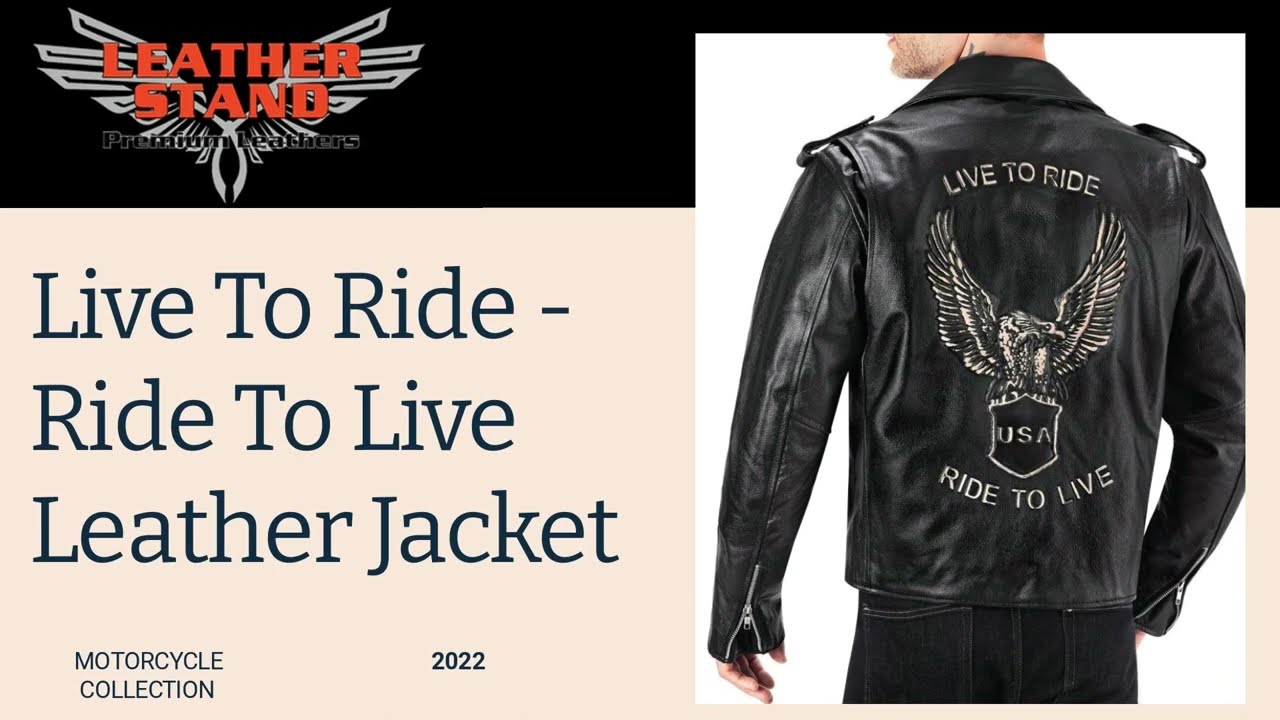 Eagle Embossed "Live To Ride Ride To Live" Black Leather Motorcycle Jacket