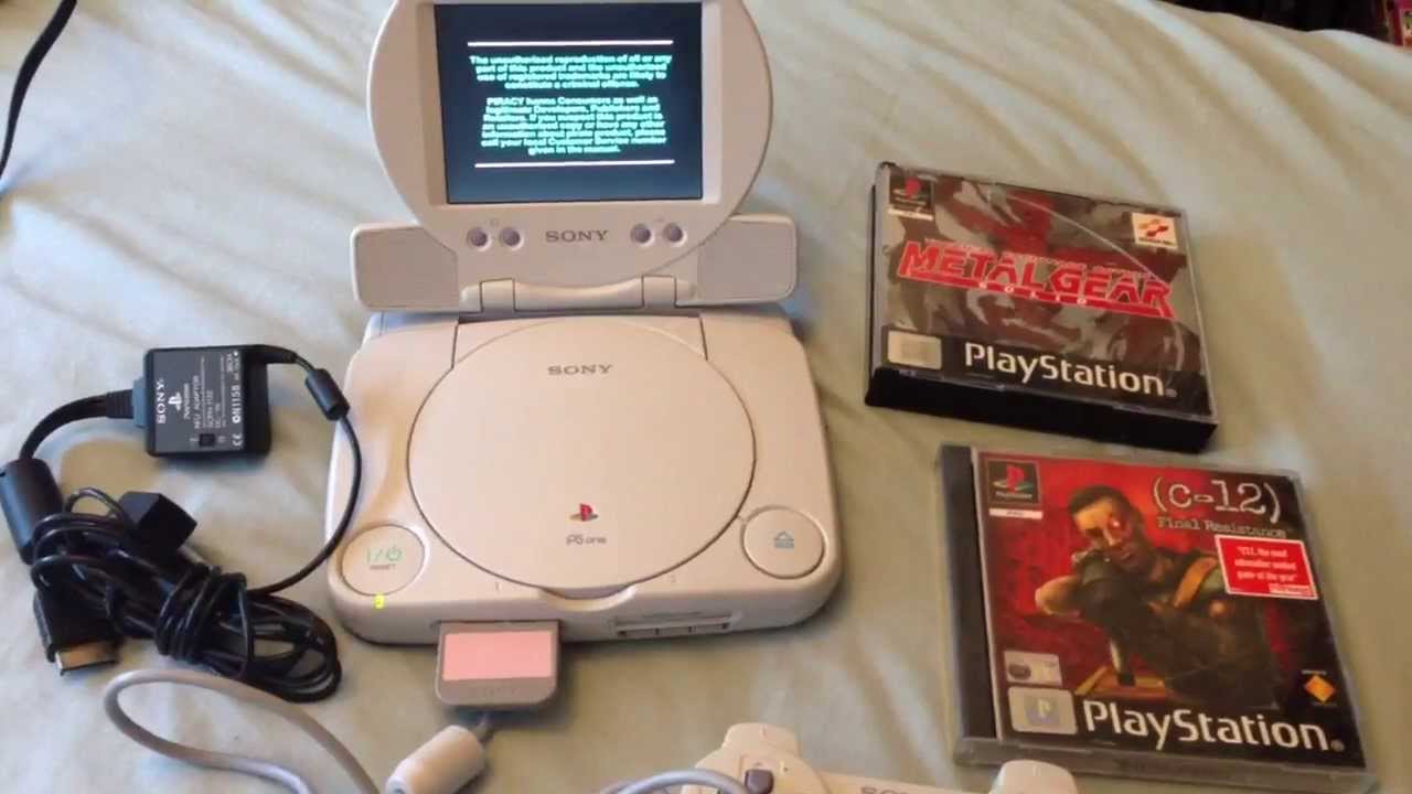 Sony PS1 start up with LCD screen playing Metal Gear Solid.