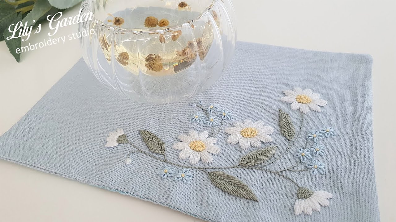 Eng sub 나홀로 프랑스자수 no.87 데이지 티코스터(daisy tea mat) 만들기 flower embroidery, 새틴스티치, 레이지데이지스티치