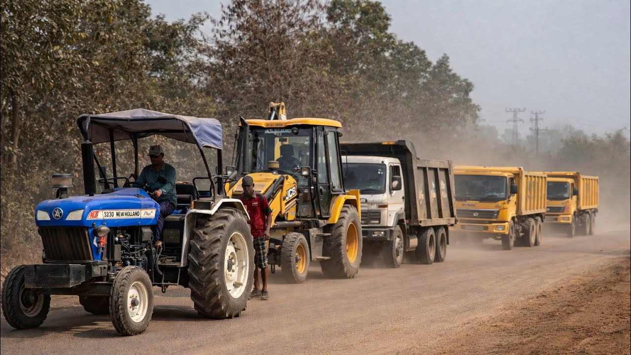 JCB 3dx Backhoe Machine Loading Mud in TATA Two Dump Truck, Mahindra 575 TractorTrolly 