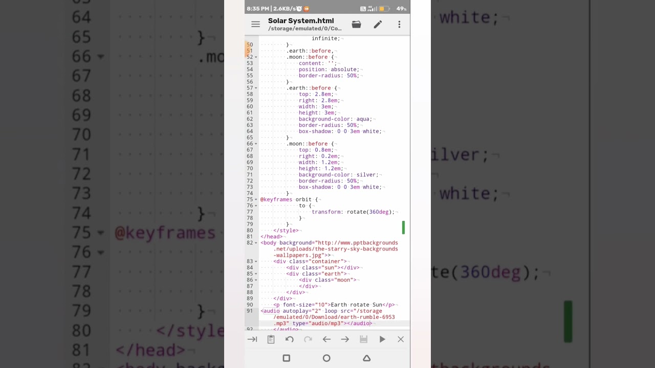 How To Make Earth with Moon Rotating Sun in Html On Android Phone/Mobile 