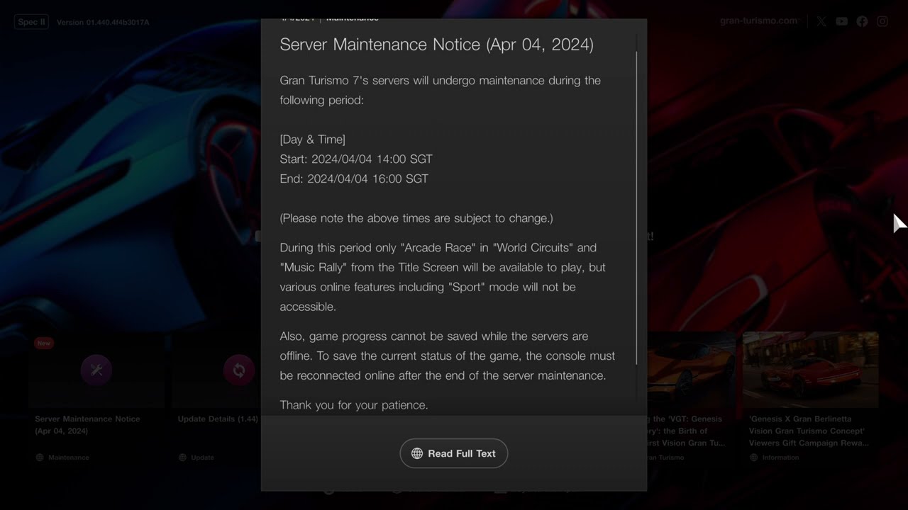 Gran Turismo 7 Server Maintenance Today of GT7 (April 4 2024)