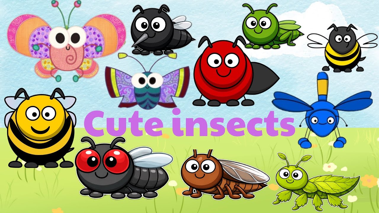 Cute insects: Caterpillar, ant, butterfly, dragonfly, mosquito - Animals