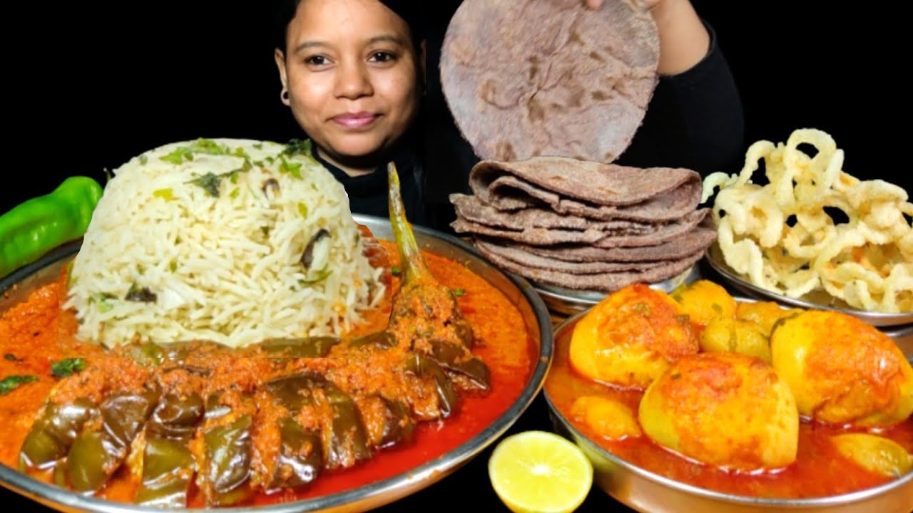 Eating Bagara Rice, Spicy Brinjal Masala Curry, Ragi Roti, Egg Curry | Eating Show | Asmr Mukbang