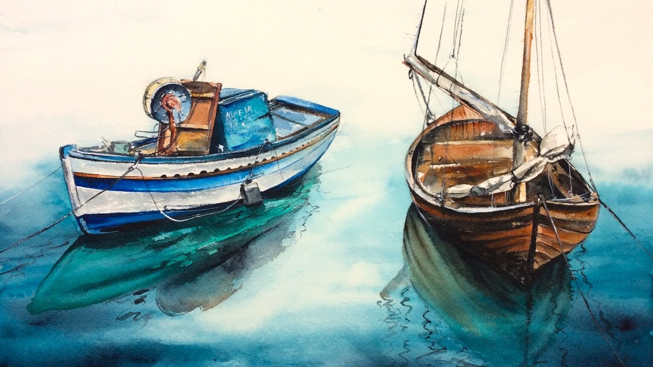 Watercolor Wooden Boats on a Water by Marina Painting Demonstration