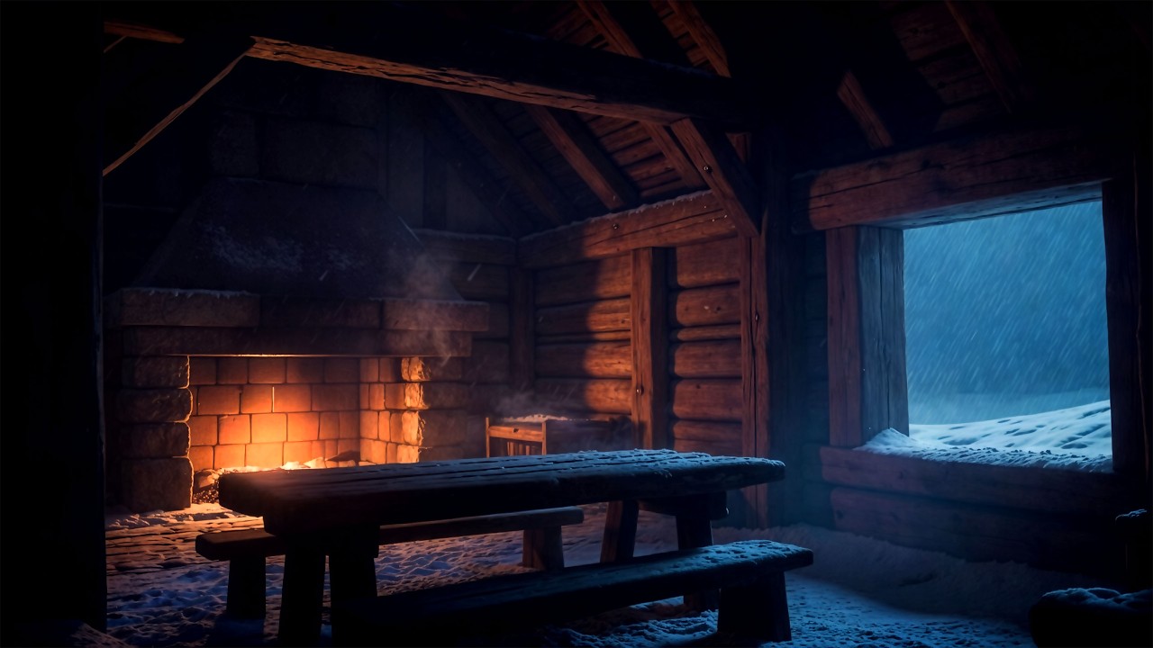 Medieval Viking Hall | Heavy Blizzard Sounds for Sleep & Study | Warm Fireplace