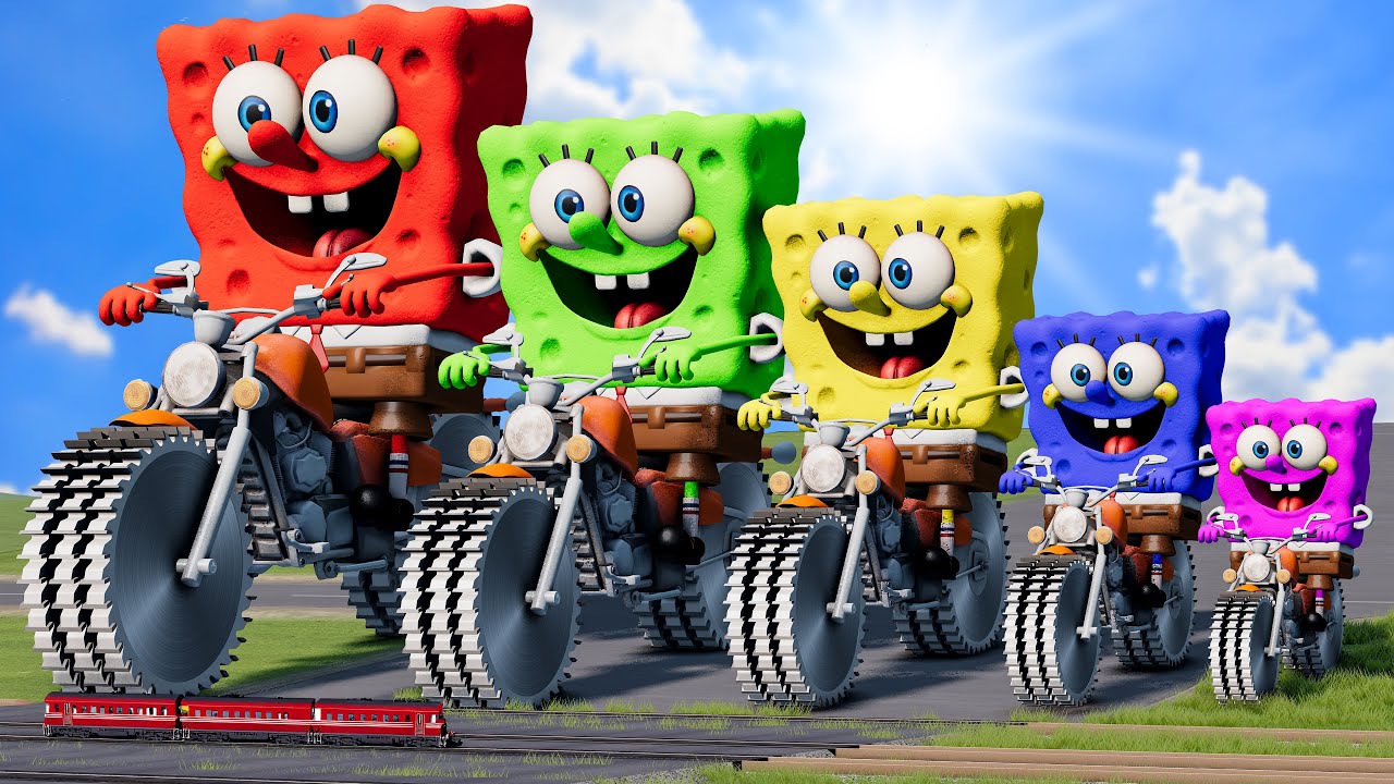 Big & Small SpongeBob on a on a motorcycle with Saw Wheels vs Trains | BeamNG.Drive