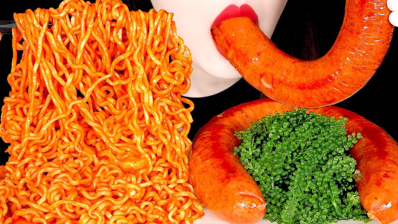 ASMR SPICY FIRE NOODLES KIELBASA SAUSAGE SEA GRAPES 킬바사소세지 바다포도 불닭볶음면 먹방 MUKBANG EATING SOUNDS 咀嚼音