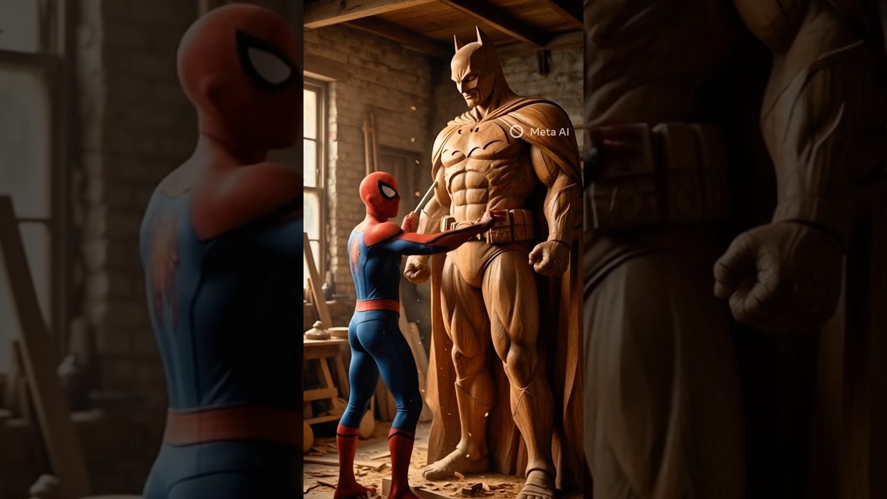 Spiderman and  Hulk carving a giant wooden Batman statue  