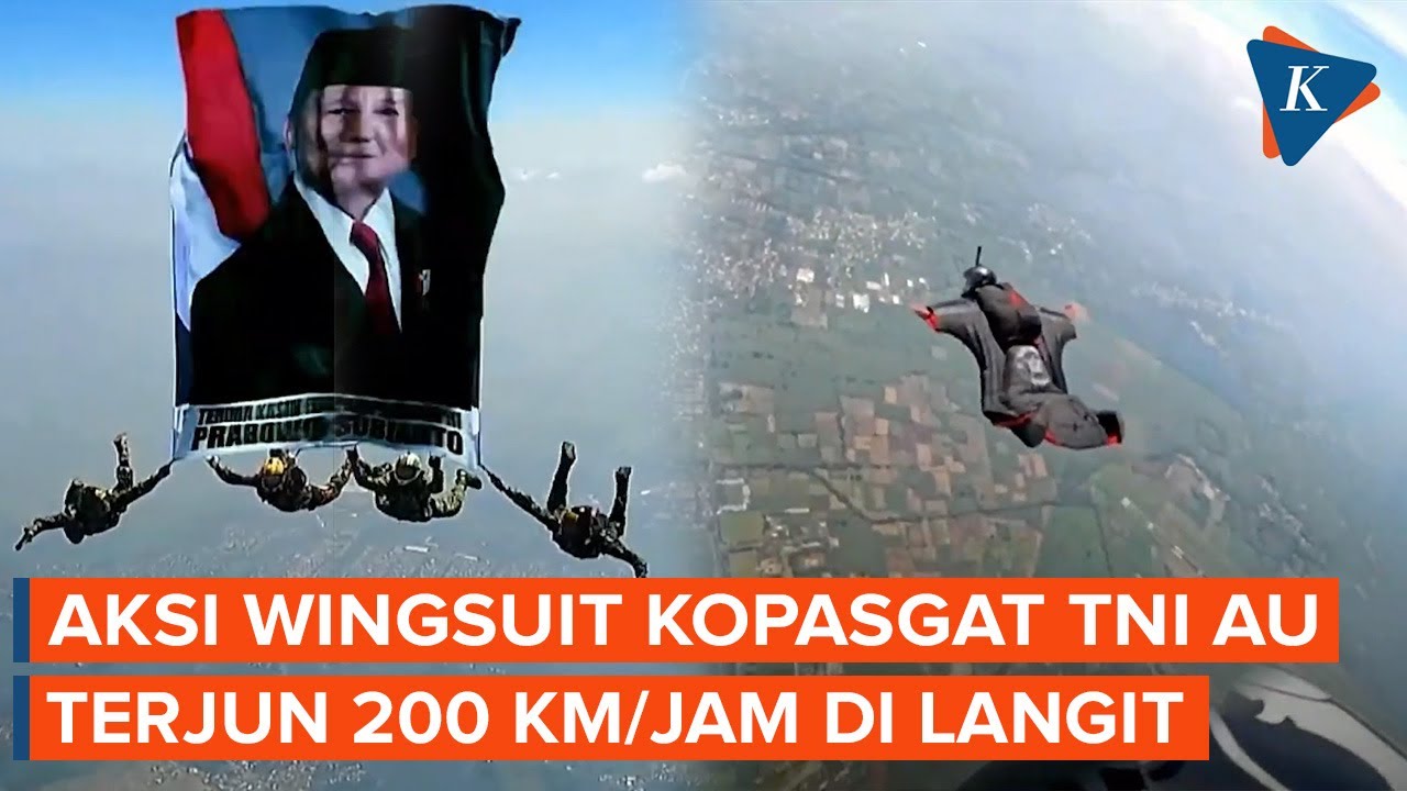 Aksi Wingsuit Kopasgat TNI AU Disaksikan Prabowo, Terjun 200 Km/Jam di Langit