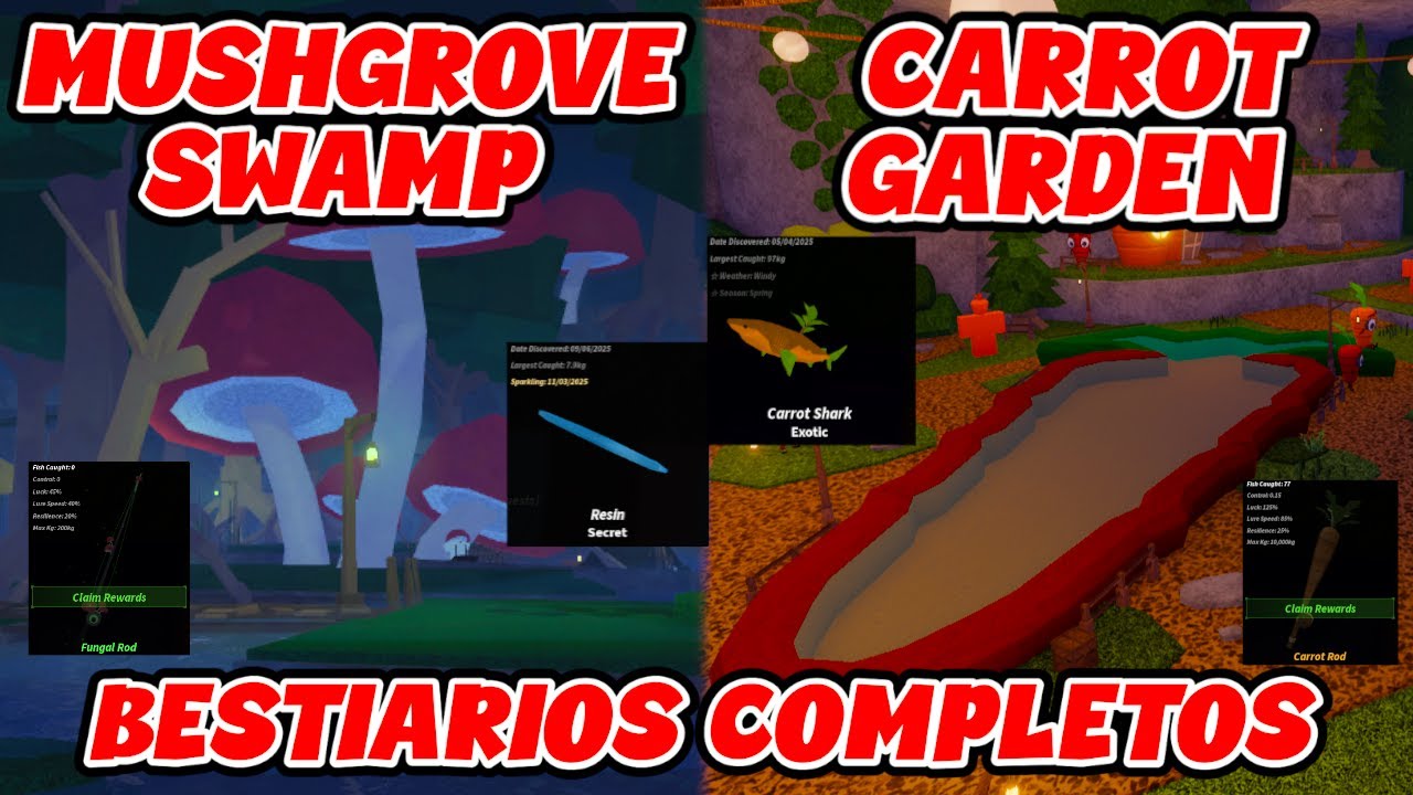 Como COMPLETAR LOS BESTIARIOS de MUSHGROVE SWAMP y CARROT GARDEN en FISCH!(peces y cañas)🎣🐟