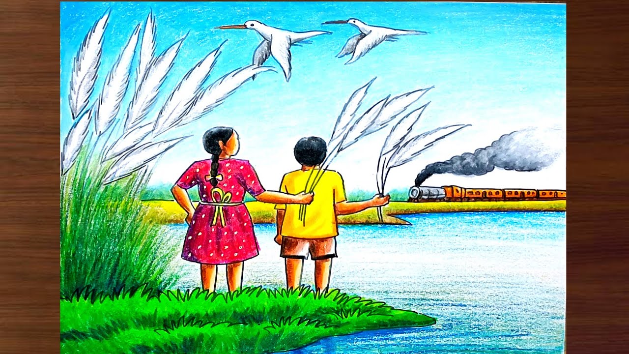 Autumn season scenery drawing step by step/Saratkal scenery drawing colour