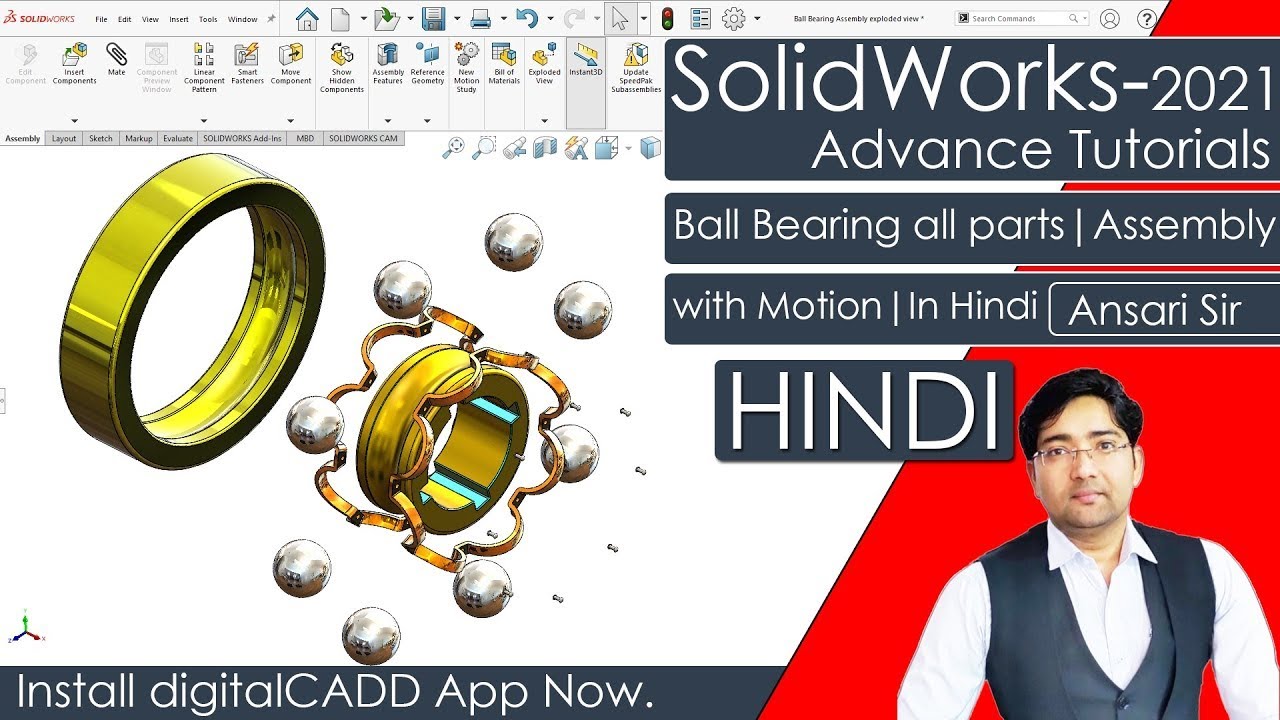 Ball Bearing Assembly in SolidWorks || SolidWorks Full Course || In Hindi || SolidWorks Assembly ||
