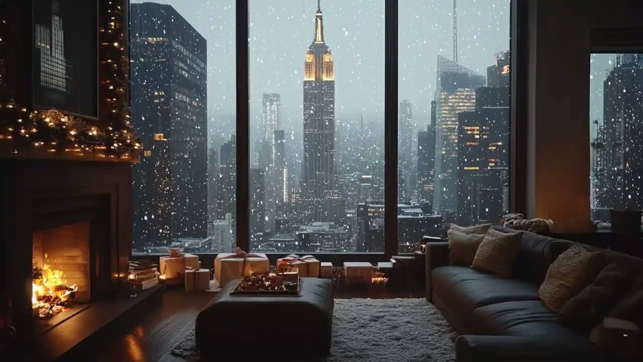 A Relaxing Snow Night from a Cozy Loft in New York City Rain Sound Ambience & Crackling Fireplace