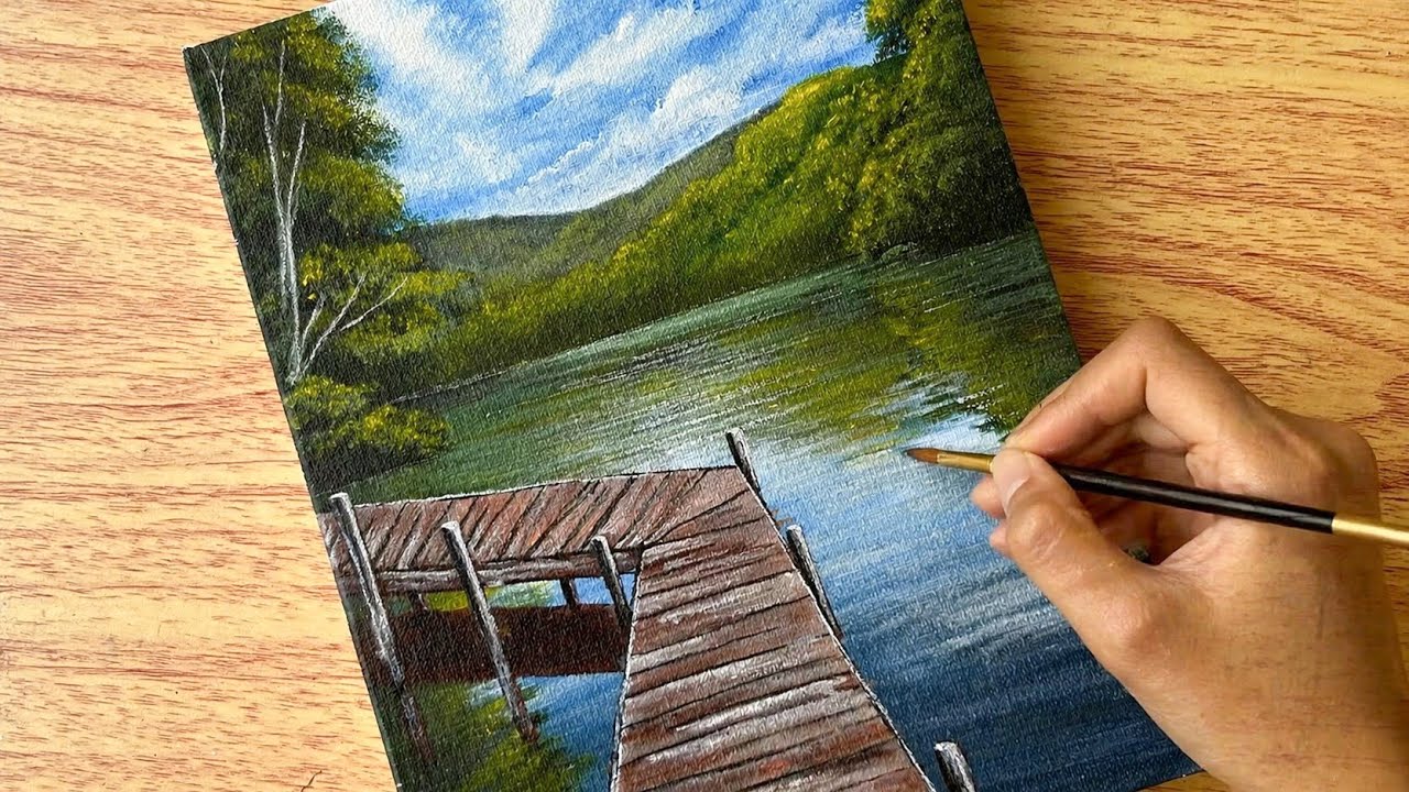Lake and Dock Landscape Painting / Canvas painting / Painting tutorial