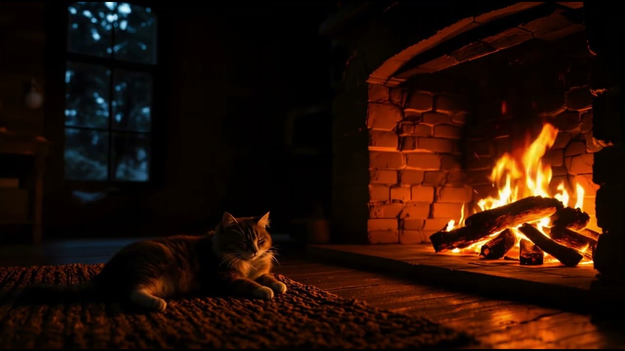 1 Hour Cozy Fireplace Sounds 🔥 Sleeping Cat by the Fire | No Music | Muna Cafe Music