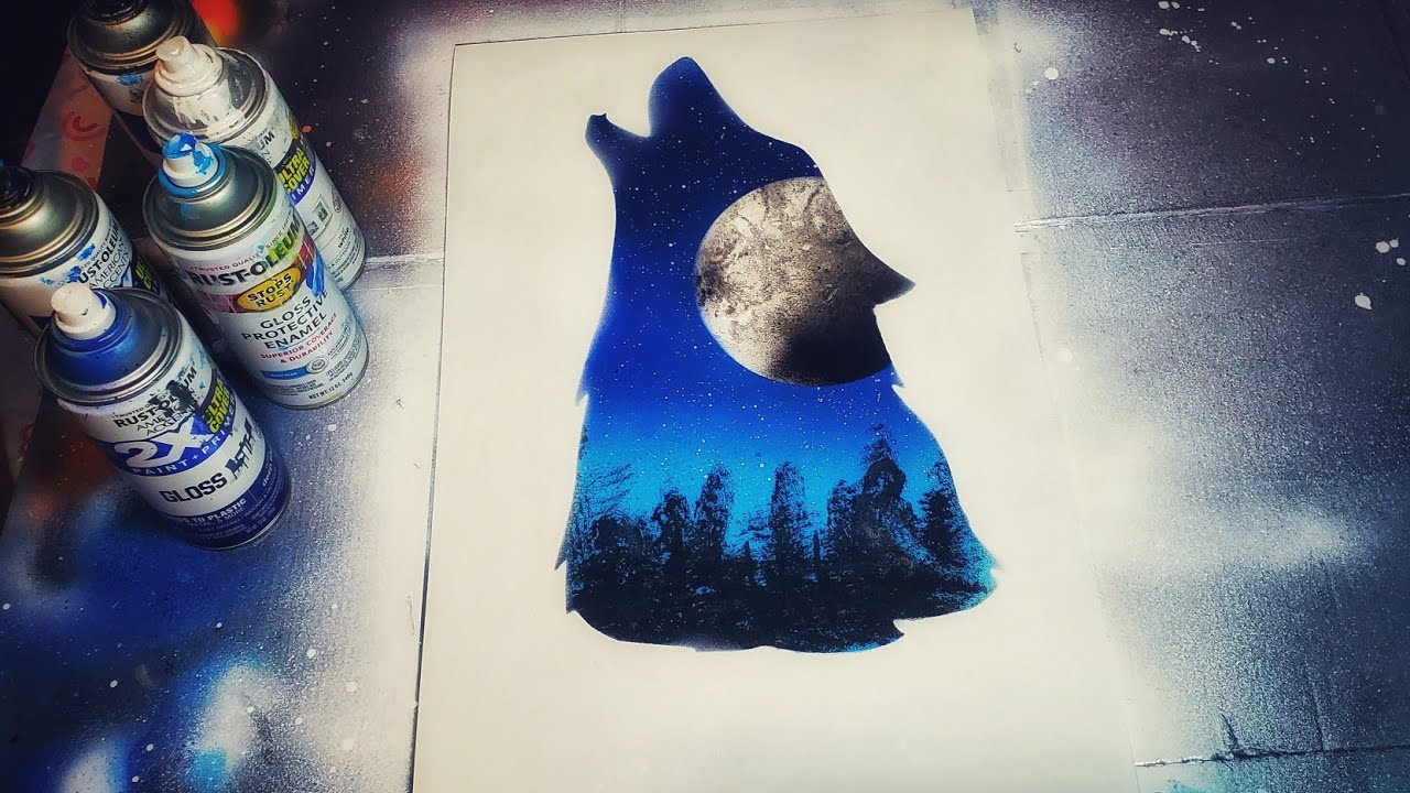 Wolf silhouette howling spray paint art